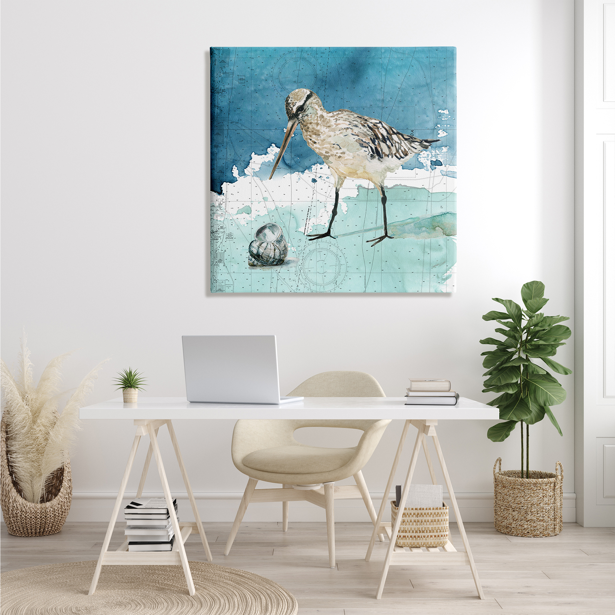 Stupell Industries Beach Bird Round Shell Blue Ocean Coastal Map, 36 x 36, Design by Carol Robinson