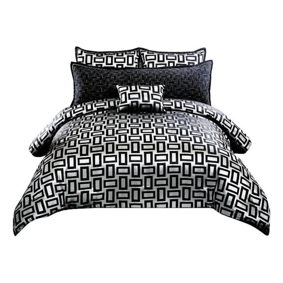 Benjara 6 Piece Polyester King Comforter Set with Geometric Print- Gray & Black