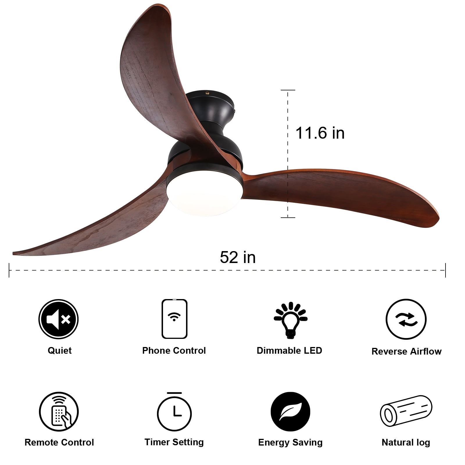 Sofucor 52-Inch Modern Flush Mount Ceiling Fan with LED Light and Remote Control