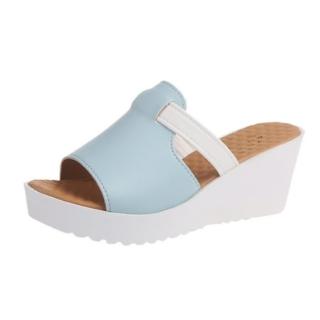 

MRULIC slippers for women Women s Fashion Casual Slip On Wedges Thick Platforms Shoes Outdoor Slippers house slippers for women Sky Blue + US:6