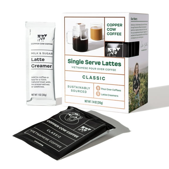 Copper Cow Coffee, Premium Dark Roast Vietnamese Coffee, Single-Serve Classic Lattes, 5ct