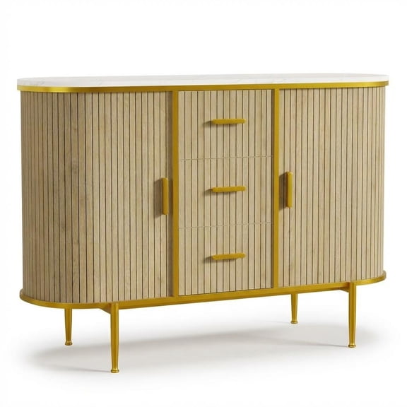 47.3" Mid-Century Fluted Storage Cabinet - Faux Marble Top Buffet with Sliding Doors & Drawers for Kitchen, Living Room, Entryway