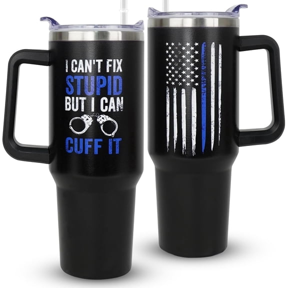 Police Gifts 40 oz Tumbler, Blue Line Flag Insulated Mug With Lid Straw and Handle, 40oz Cup Police Gift