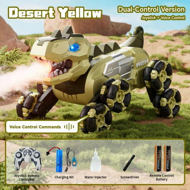 Voiture Télécommandée Dinosaure à Huit Roues, Jouet à Commande Sonore avec Fonction de Pulvérisation Réaliste, Pile Grande Capacité, Capteur de Mouvement, pour l'Intérieur et l'Extérieur