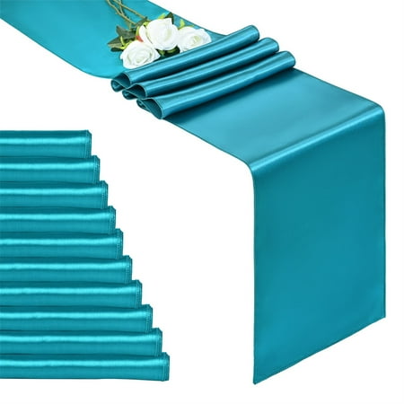 

10-Pack Turquoise 12 x 108 inches Long Premium Satin Table Runner for Wedding Decorations for Birthday Parties Banquets Graduations Engagements Table Runners fit Round Table