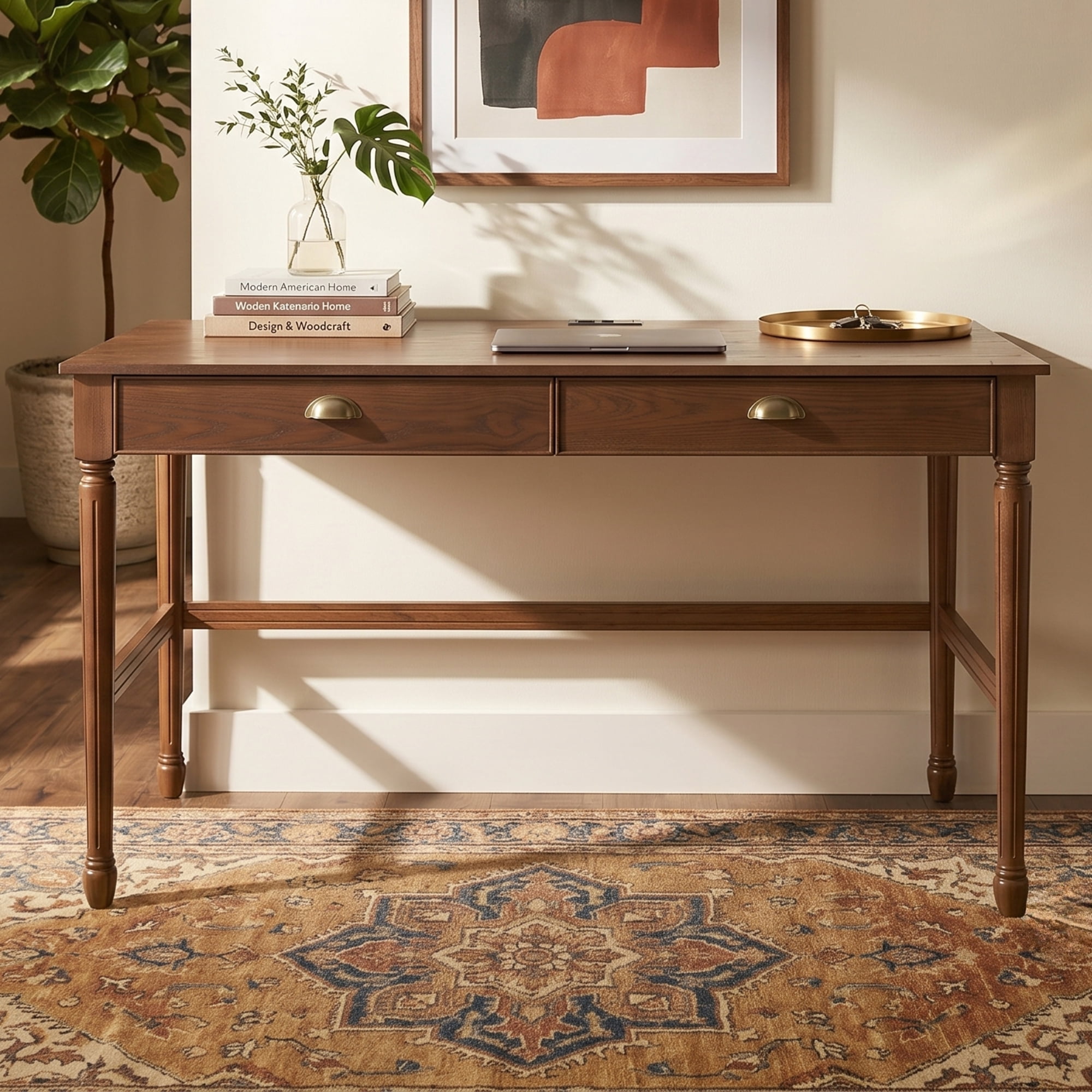 Euroco 60" Solid Wood Writing Desk with 2 Drawers,Home Office Workbench Desk,Small Computer Work Study Table,Vanity Table for Living Room,Bedroom,Walnut