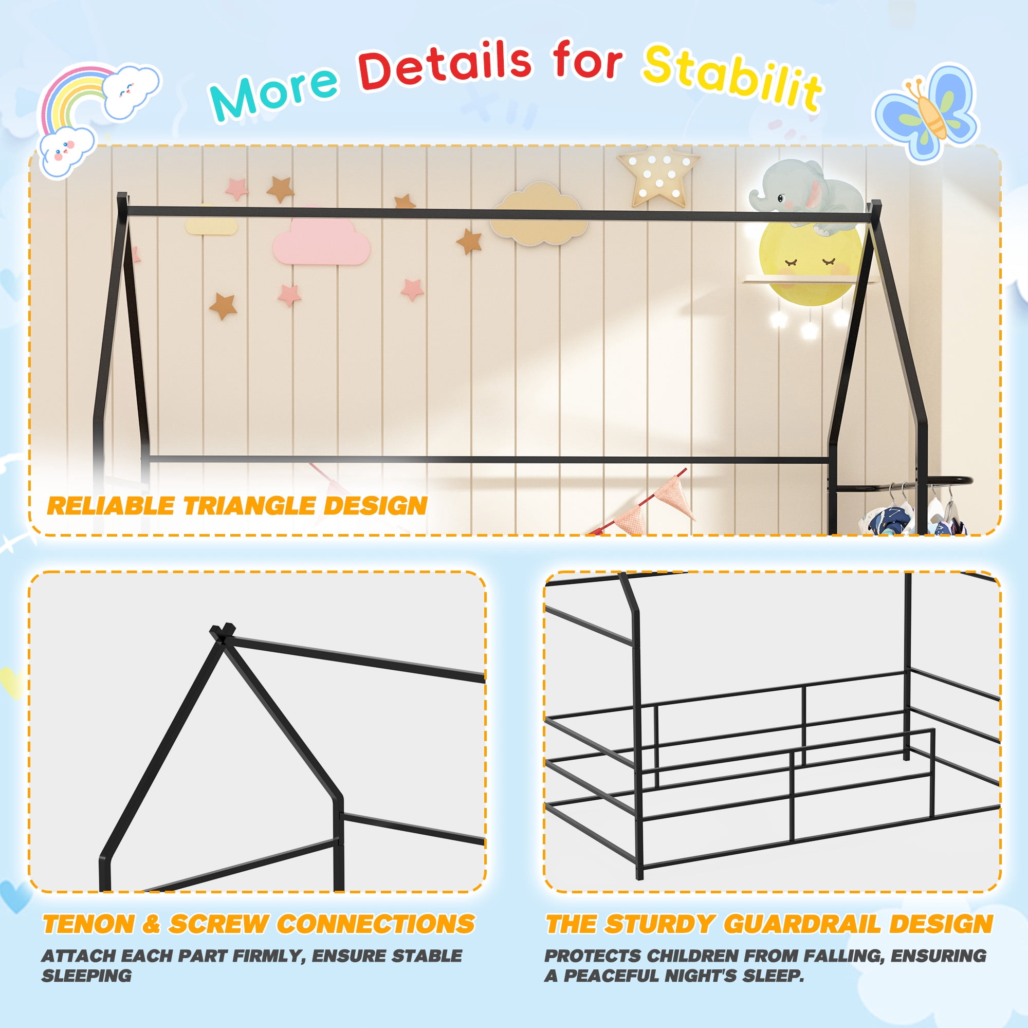 Joywind Metal Twin Floor House Bed with Headboard, Footboard & Guardrails - Montessori Style Bed Frame with Hanging Bar for Boys, Girls,Black