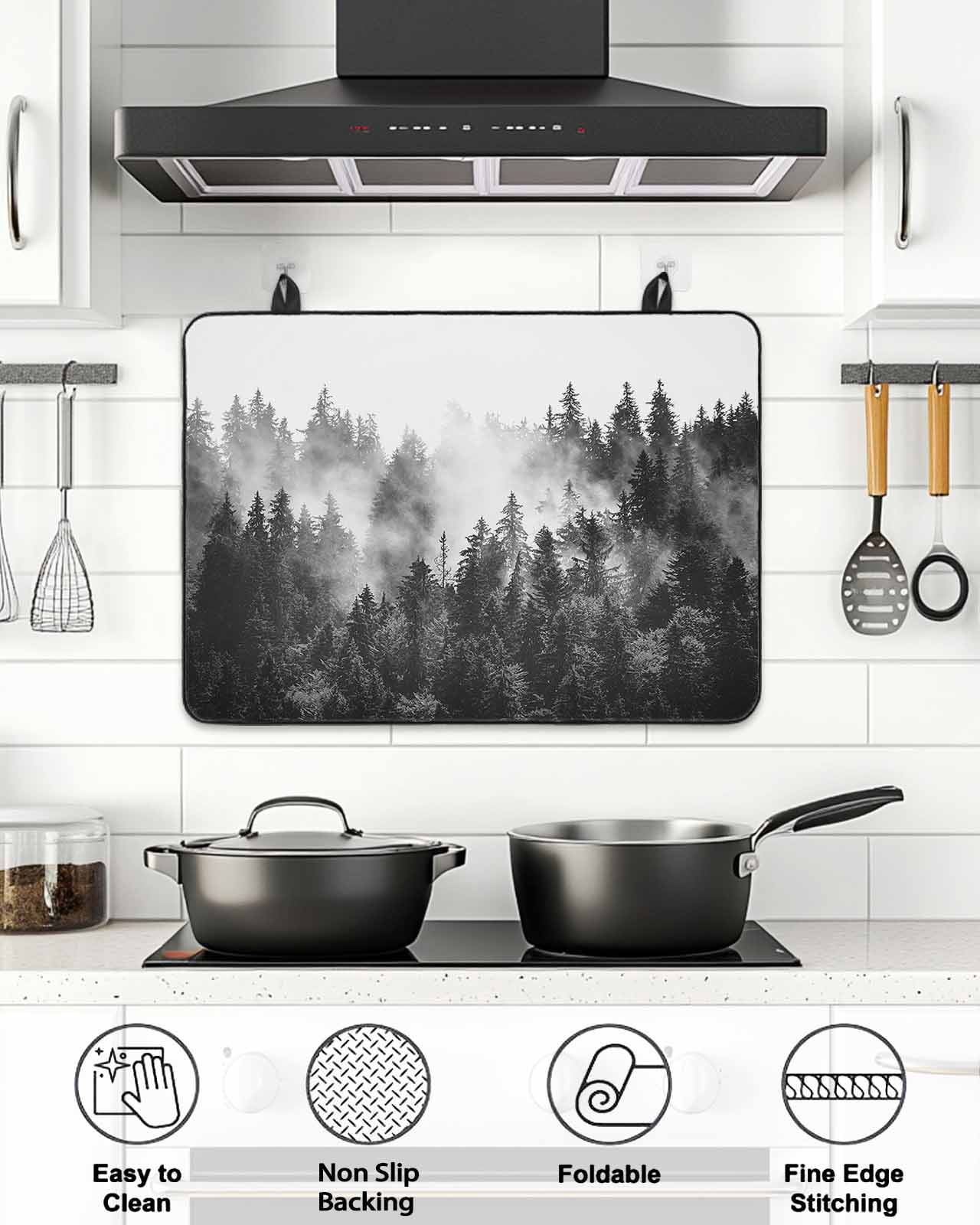 Stove Top Covers for Electric Stove,Black Forest Glass Stovetop Cover Protector,Black and White Natural Landscape Modern Abstract Art Cooktop Protector Oven Mat for Kitchen Countertop 24"x21"