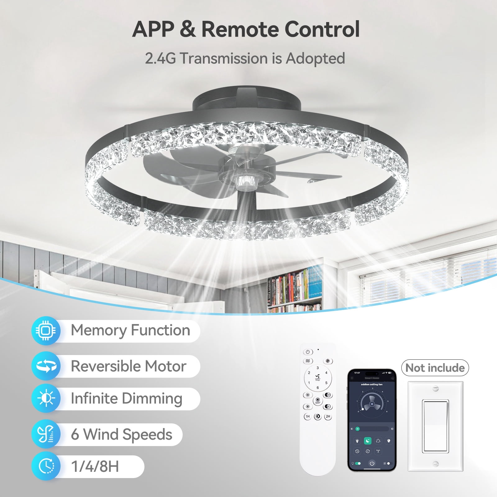 AIDEL 20" Ceiling Fan with Light, Flush Mount Low Profile, Smart App & Remote Control, Reversible DC Motor, Dimmable LED, Black