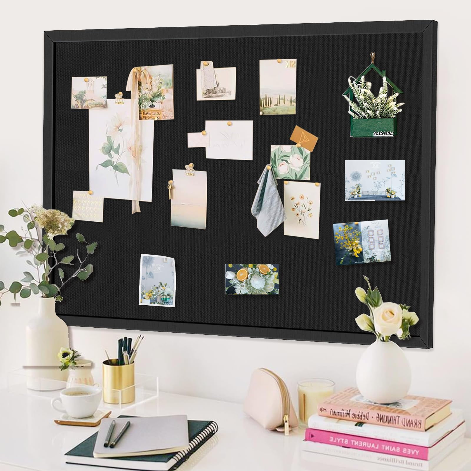 Large Bulletin Board 48x36 inch with Linen Cork Boards Wall Decor Hanging Pin Wood Framed Display Bulletin Cork Photo Picture Board Light for Room School Office 30-Pushpin Black