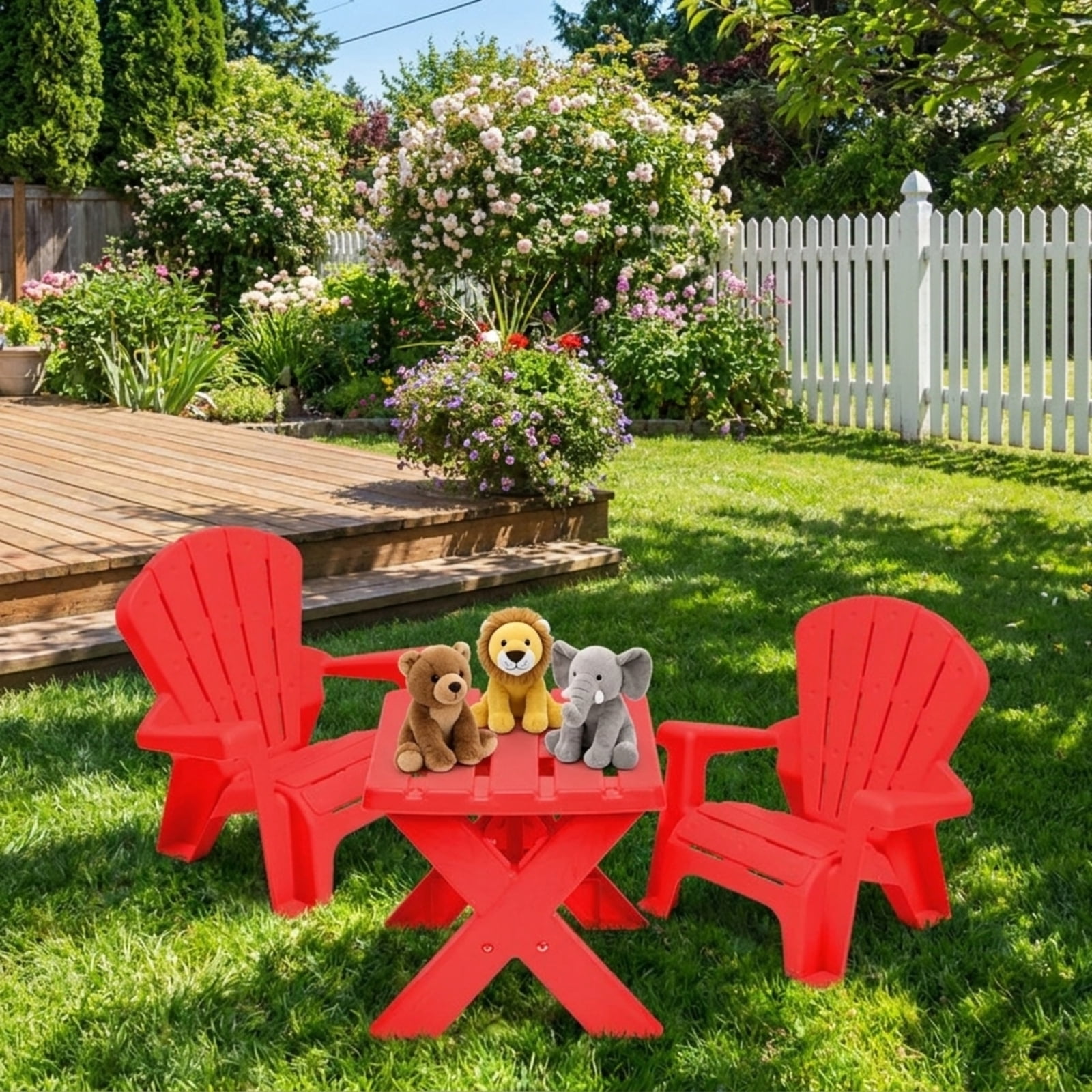 Furnibear 3-Piece Plastic Kids Table and Chair Set with Durable PP Build for Playroom and Outdoor Childrens Activity Table with 2 Chairs, Red