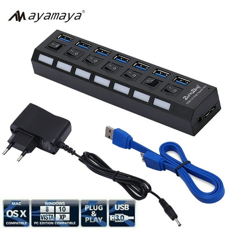 7-Port USB Hub Extender 3.0 Powered with Cable & Power Plug, AYAMAYA USB Splitter with Separate ON/OFF Switch and LED Indicators, USB Adapter for Laptop, PC MacBook Mac Pro/Mini iMac