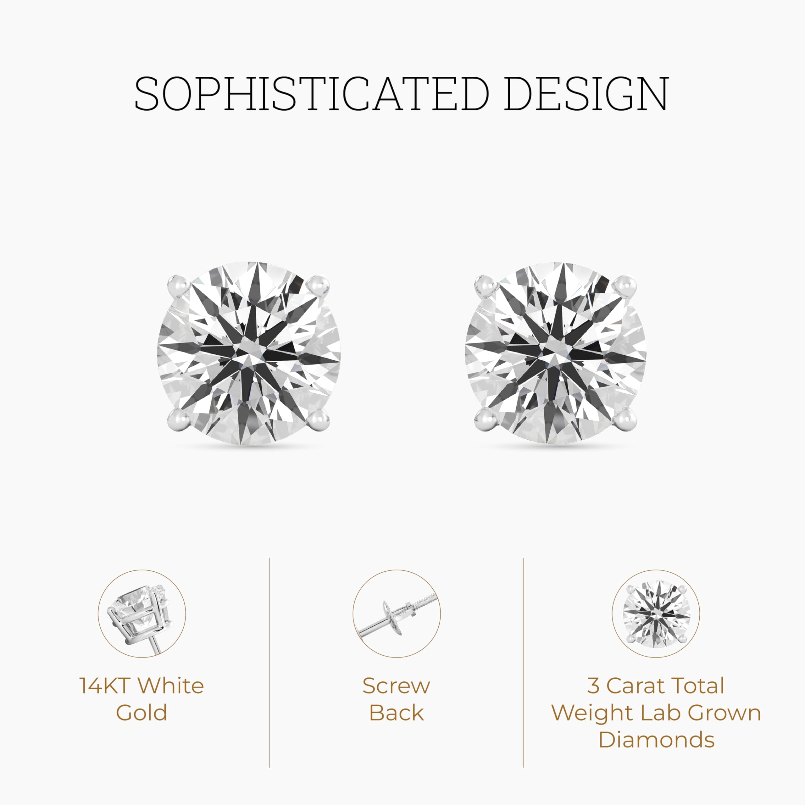 Gilded 3 Carat Total Weight IGI Certified Lab-Grown Diamond 14KT White Gold Stud Earrings for Women| Hypoallergenic Fine Gold Jewelry| 4-Prong Basket, Push Back Nut|VSI1 Clarity, E-F Color, Round Cut