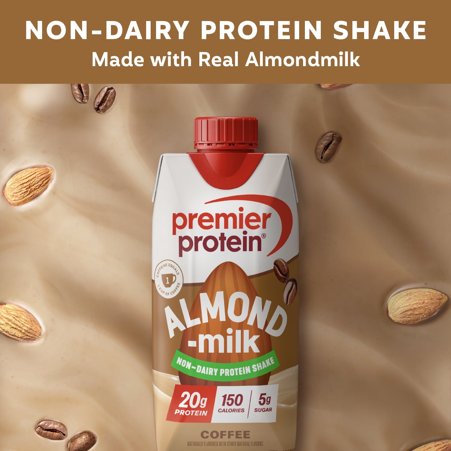 Premier Protein Almondmilk Non-Dairy Protein Shake, 20g Protein, 5g Sugar, 11 Fl oz, Coffee, 4 Count