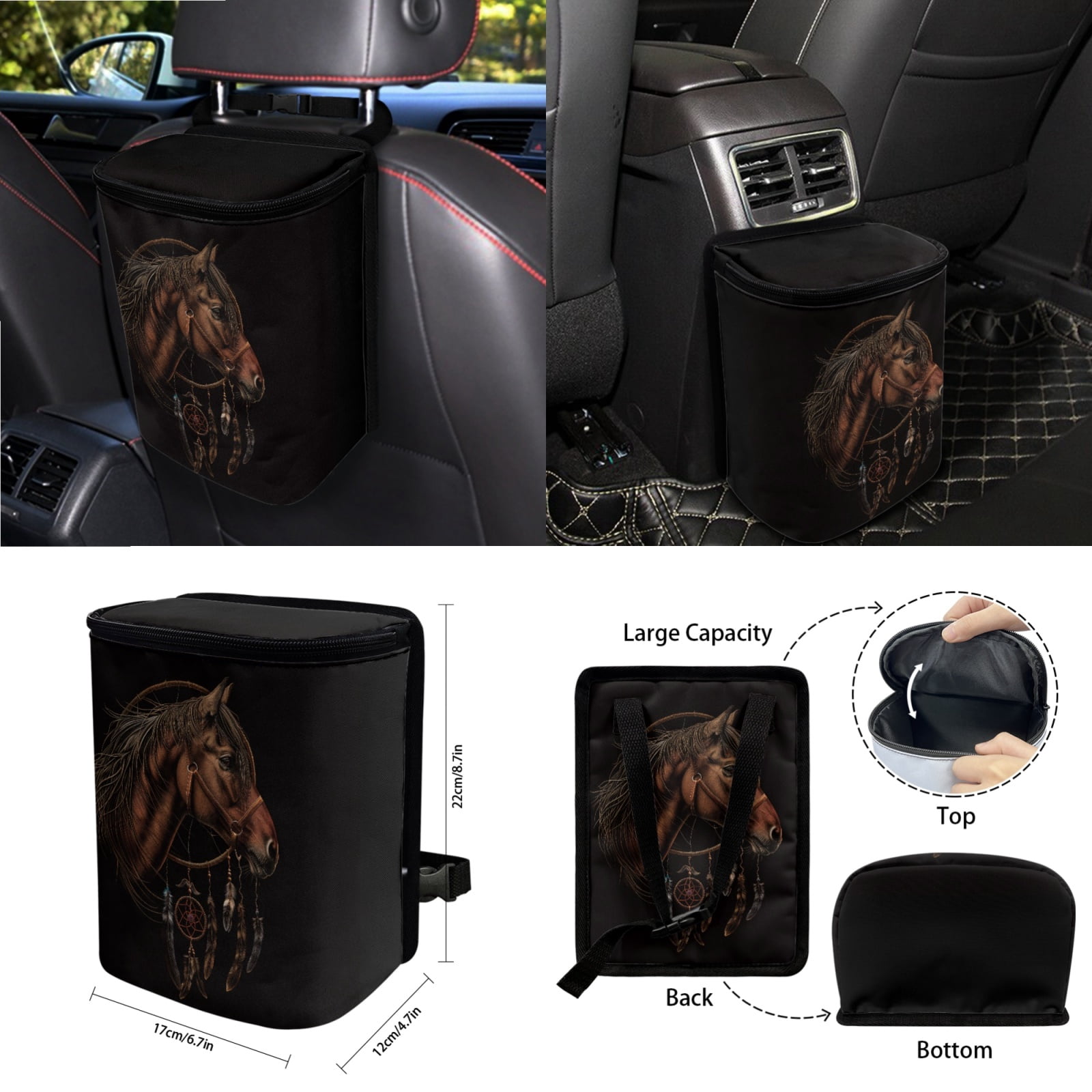 Garronmavis Dreamcatcher Horse 15 PCS Car Seat Cover Full Set Steering Wheel Cover Keychain Car Trash Can Car Dash Accessories Rearview Mirror Cover Cup Mats Easy to Install Universal Fit