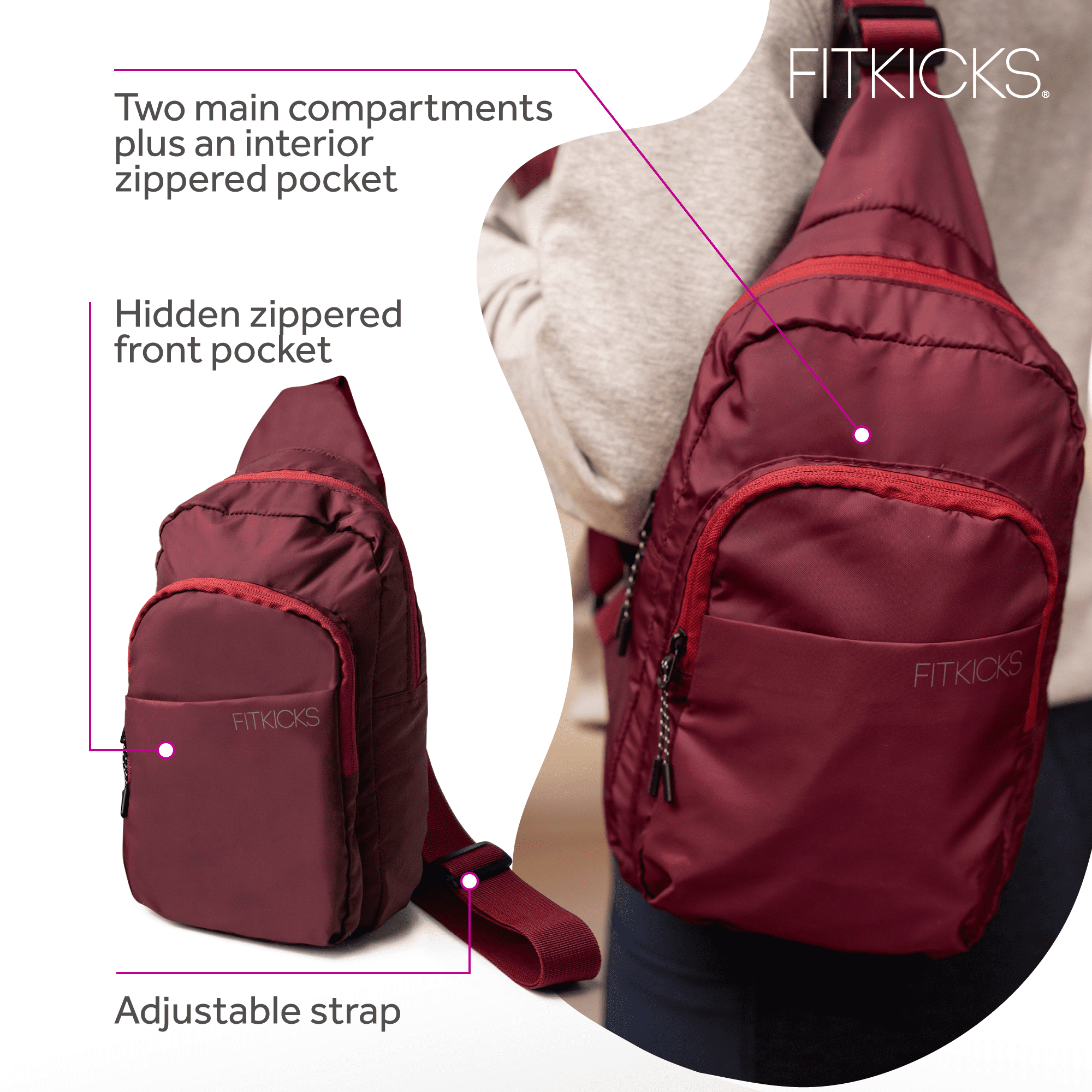 FITKICKS Hideaway Packable Sling Lightweight Crossbody Bag, Burgundy (Unisex)