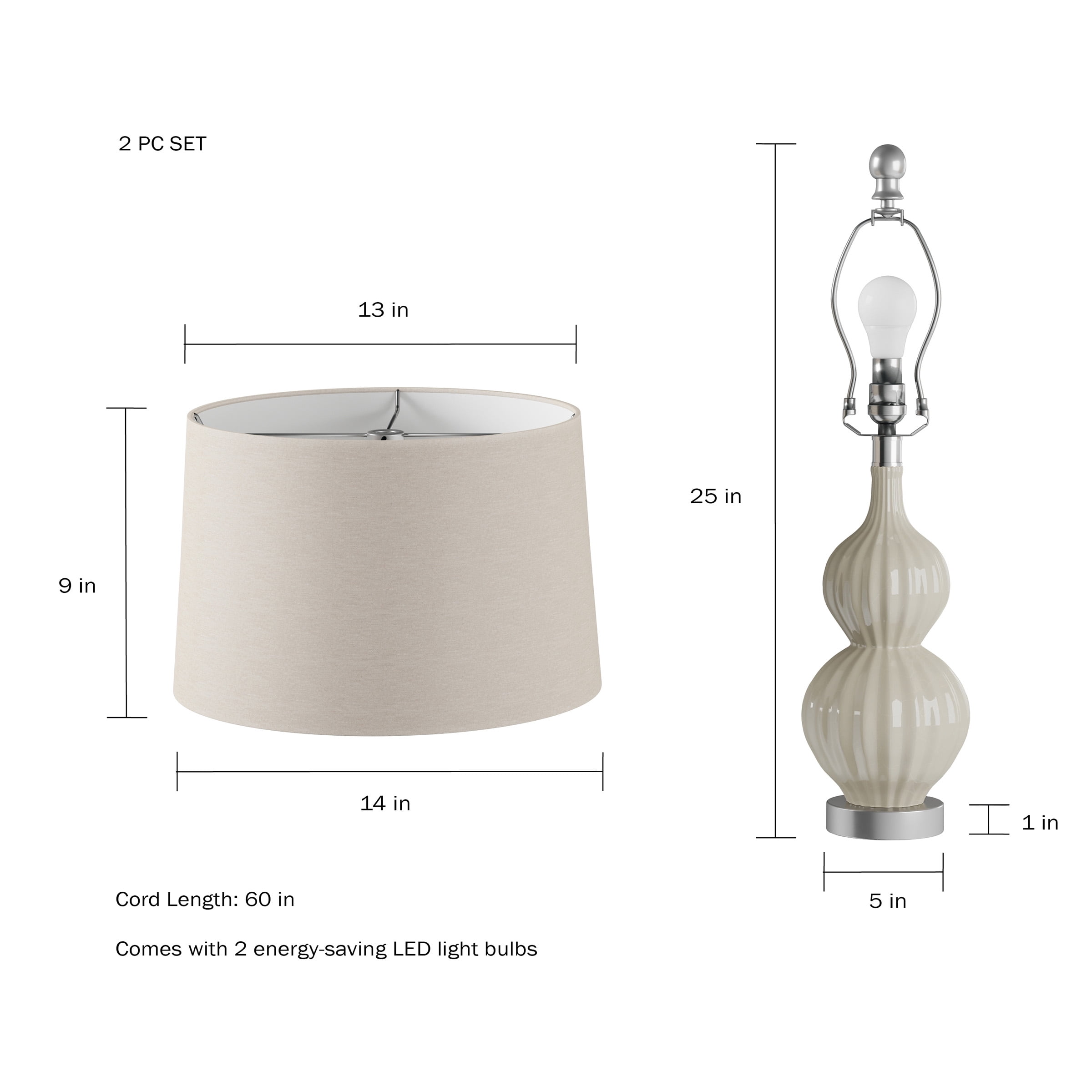 Table Lamps– Set of 2 Ceramic Double Ribbed Gourd Vintage Style Lighting by Lavish Home
