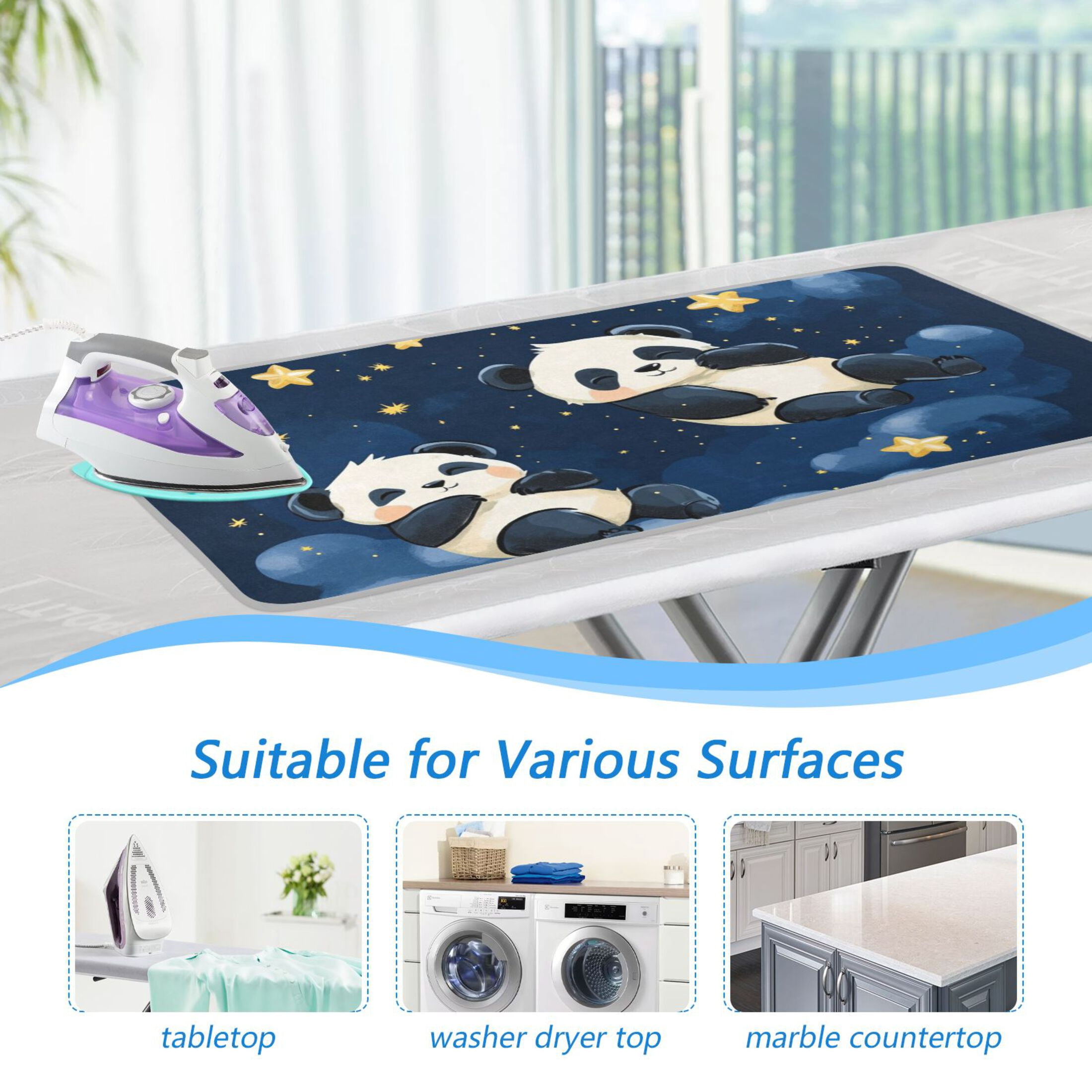 Pandas Sleeping on Clouds Stars Cartoon Ironing Mat Blanket Portable Travel Ironing Pad Heat Resistant Pad 47.2" x 27.6”