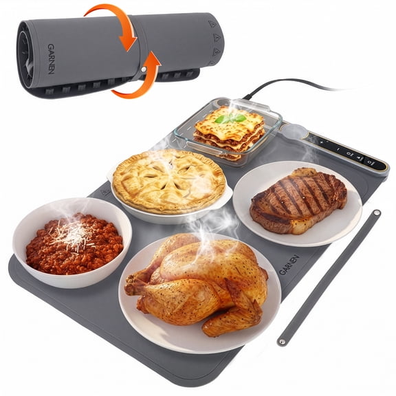 Garnen Warming Mat for Food with 9 Temp Level, Electric Food Warming Mat, 23"x15" Silicone Food Warmer, 8 Timer Settings, Portable Roll-Up Heating Mat