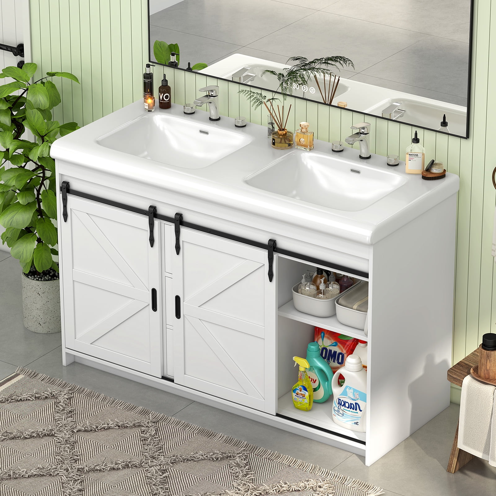 Ciumeeo 48" Bathroom Vanity Dual Basin Bathroom Storage Cabinet with Marble Countertop, White