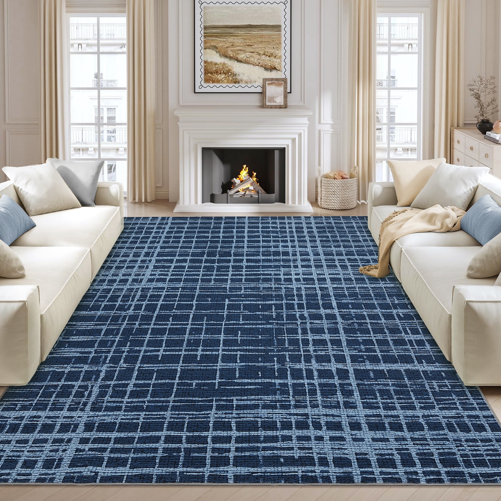 Hasoo Washable 8' x 10' Modern Geometric Grid Area Rug for Living Room Soft Indoor Carpet, Blue