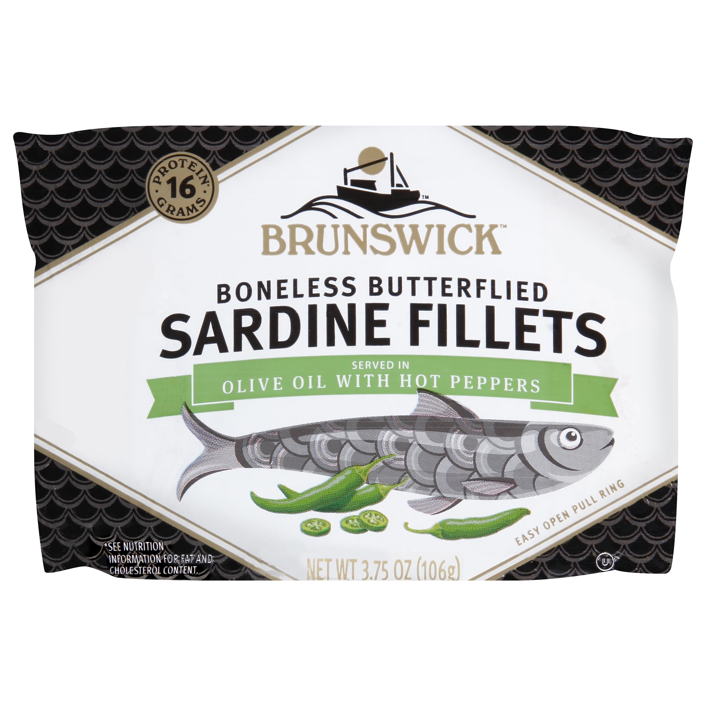 (2 pack) Brunswick Sardines in Olive Oil with Hot Peppers, Boneless Butterflied Herring Fillets, Wild Caught, Gluten Free, 16g Protein per Serving, Shelf Stable Can, 3.75 oz