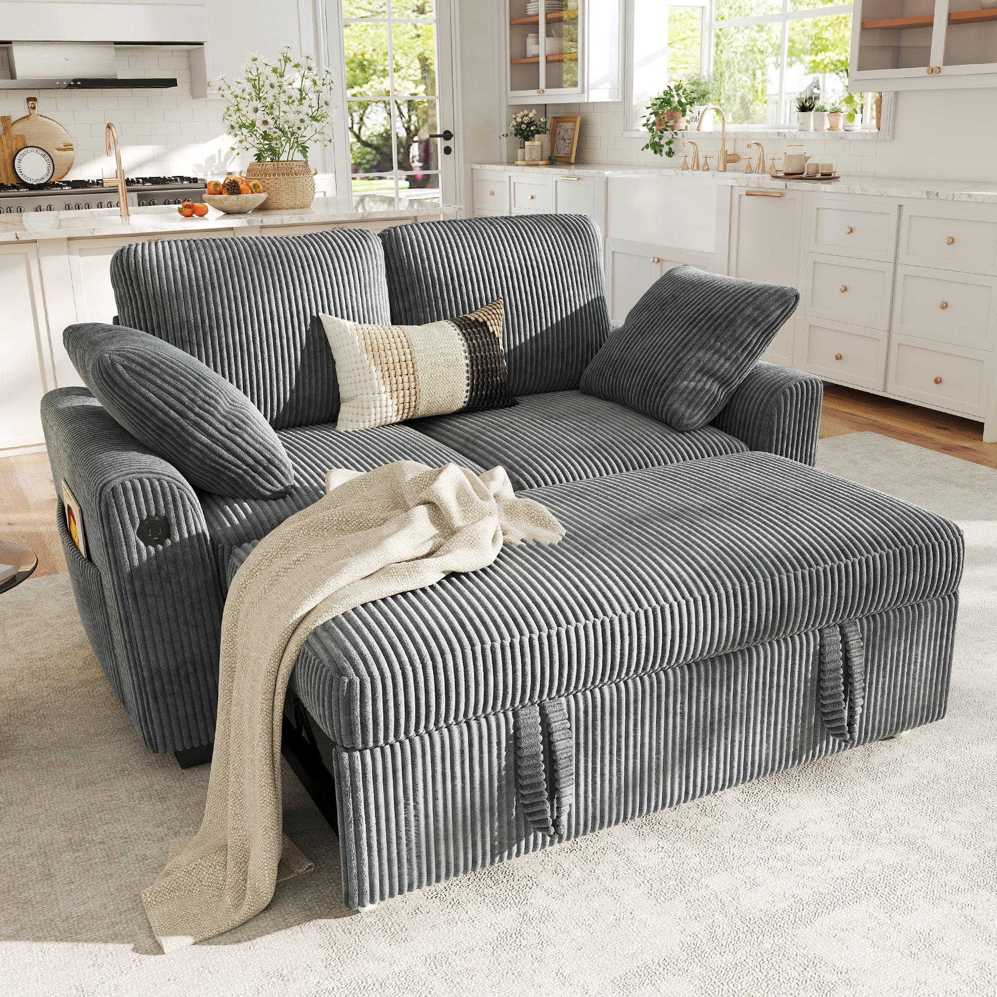 BedLuxury 59" Loveseat With Pull Out Bed, Sleeper Sofa Bed With USB Charging & Side Storage for Small Spaces, Corduroy Gray
