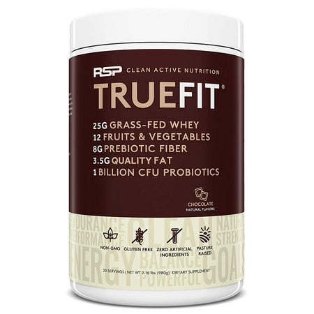 RSP TrueFit - Grass Fed Lean Meal Replacement Protein Shake, All Natural Whey Protein Powder with Fiber & Probiotics, Non-GMO, Gluten-Free & No Artificial Sweeteners, 2LB Choc (Packaging May Vary) -