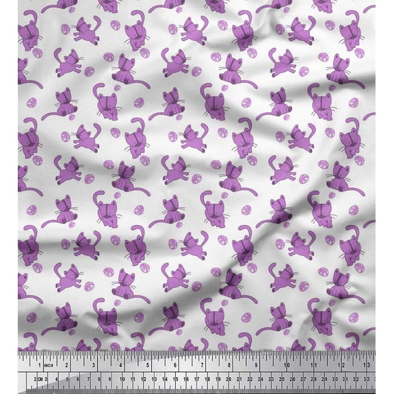 Soimoi Silk Fabric Wool & Cat Animal Printed Fabric 1 Yard 42 Inch Wide