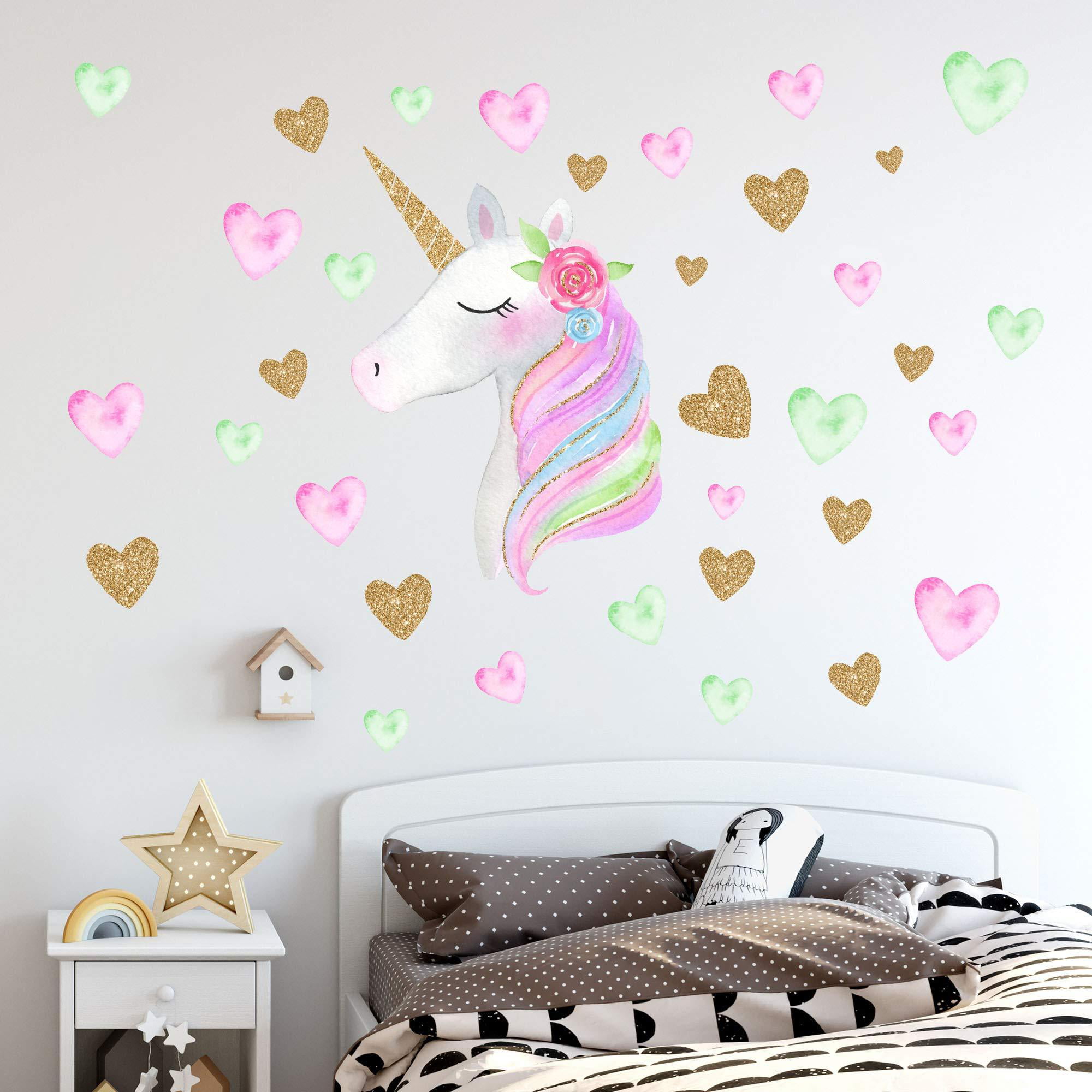 Kids Girls Bedroom Decor Unicorn Wall Decals Stickers With Heart Flower 