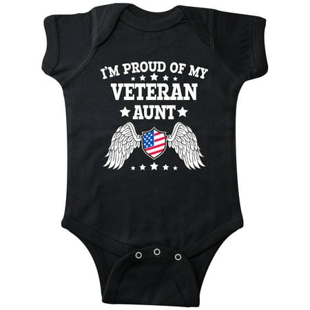 

Inktastic I m Proud of My Veteran Aunt with Shield American Flag and Angel Wings Gift Baby Boy or Baby Girl Bodysuit