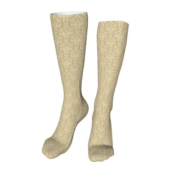 Xecao Damask Beige Tan Brown Print Calf Socks Seamless Toe, Knee High Long Socks, Sports Socks Trouser Socks for Women and Men-One Size