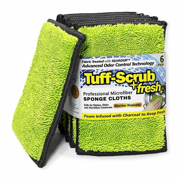 Tuff-Scrub Fresh Professional Microfiber Sponge Cloths, Fabric Treated with SILVADUR Advanced Odor Control Technology and Charcoal-Infused Foam, 6-Pack