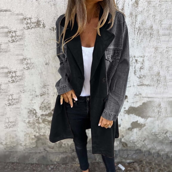 Jackets for Women DYTTDG Women's Plus Size Long Denim Jacket Colorblocking Long Sleeve Button Denim Jacket Loose Windbreaker on Clearance