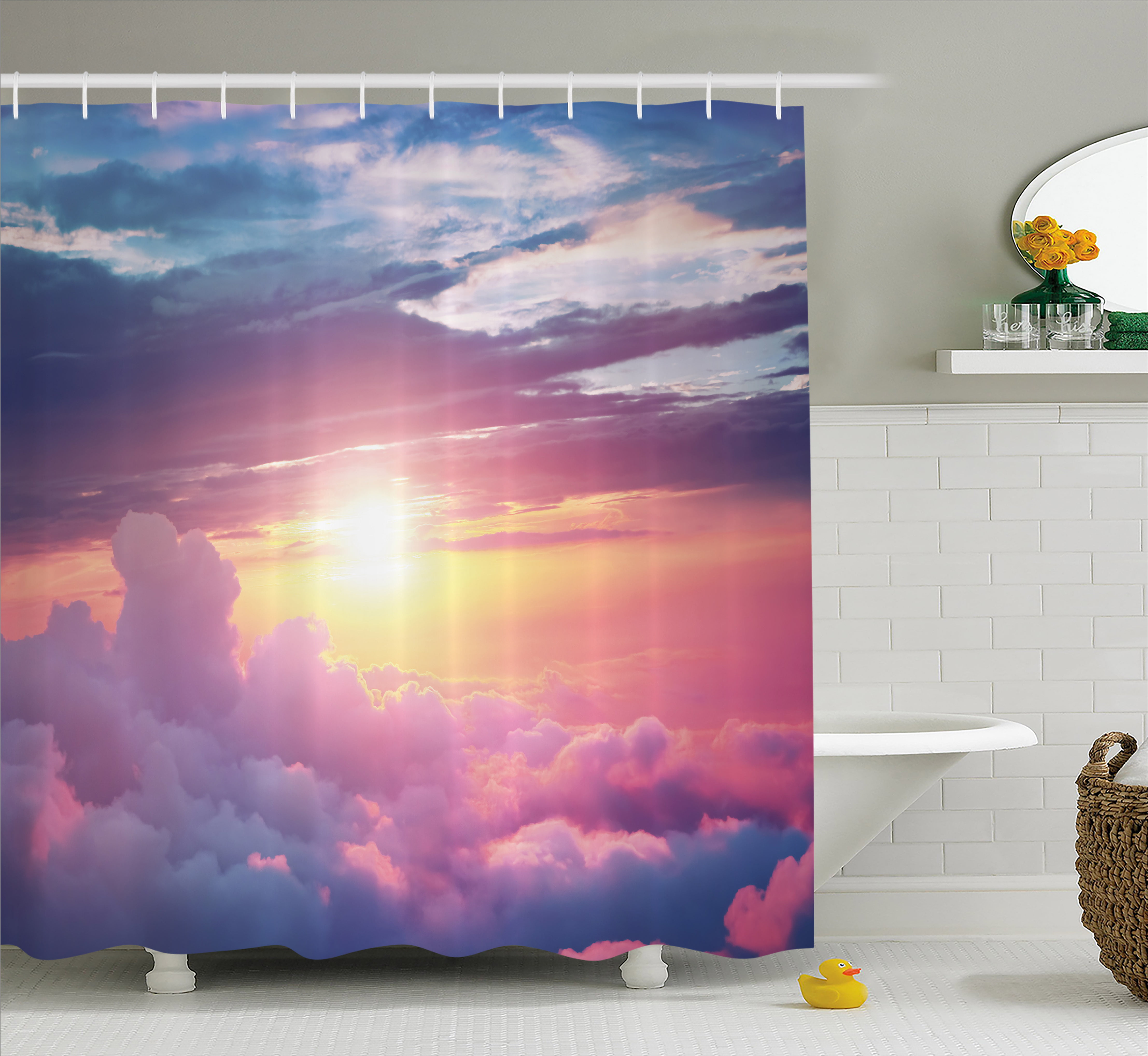 Sun Shower Curtain, Surreal Sky with Fluffy Clouds Dreamy Horizon ...