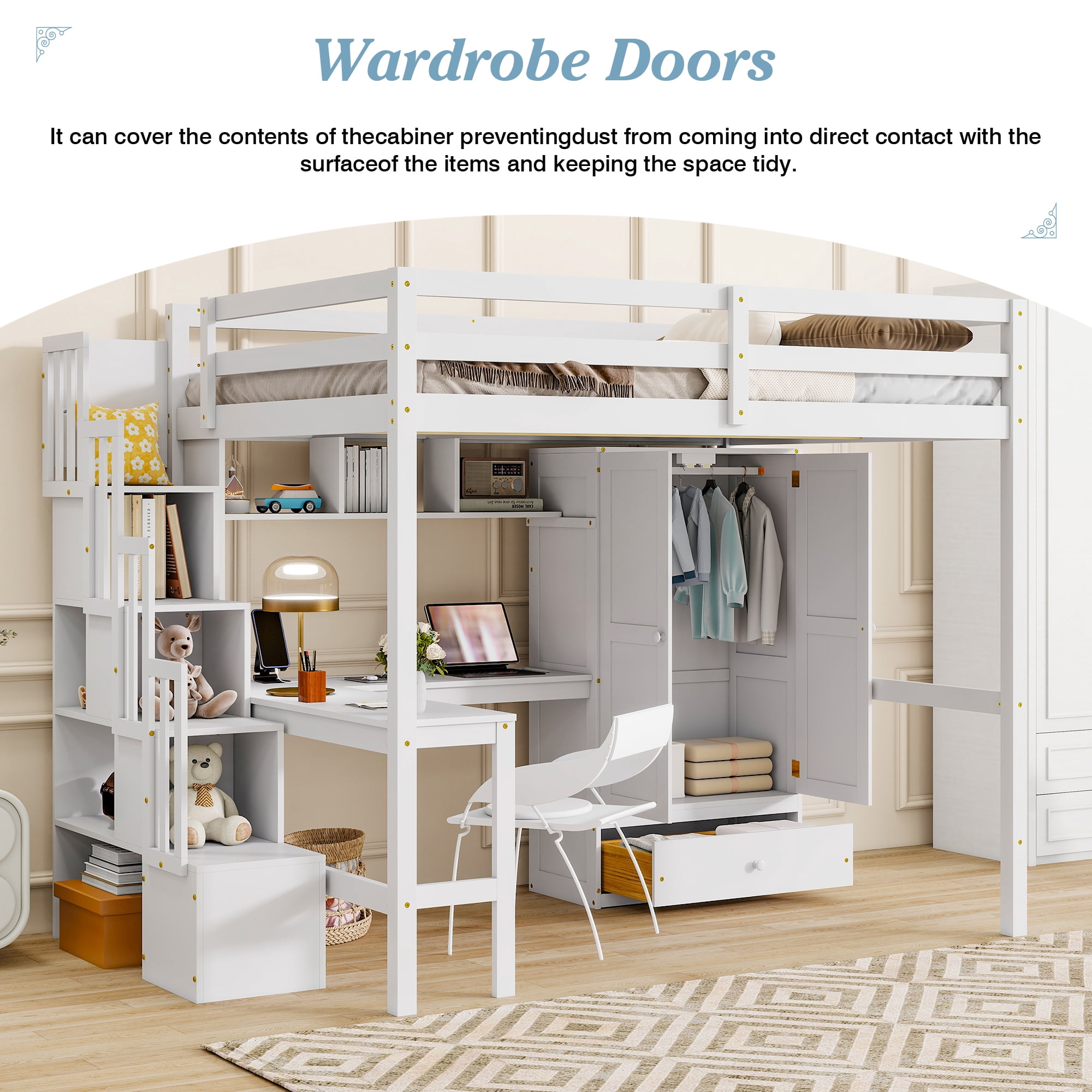 Mintazer Full Size Loft Bed with L-Shaped Desk & Wardrobe, Loft Bed with Storage Staircase & Charging Station, White