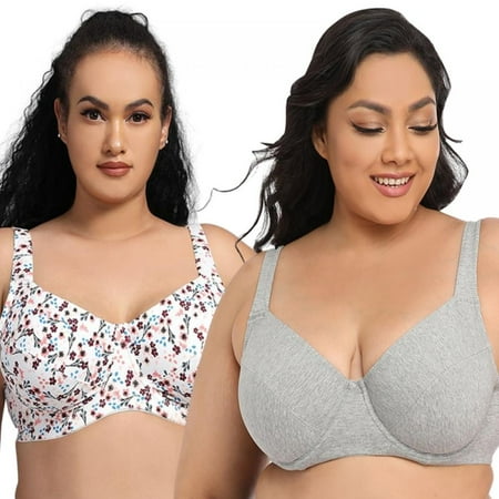 

Xmarks Plus Size Bras for Women No Underwire Push up Size - Ultra-thin Cotton Wide Shoulder Straps Oversized Printed Underwear for Everyday Wear(2-Packs)