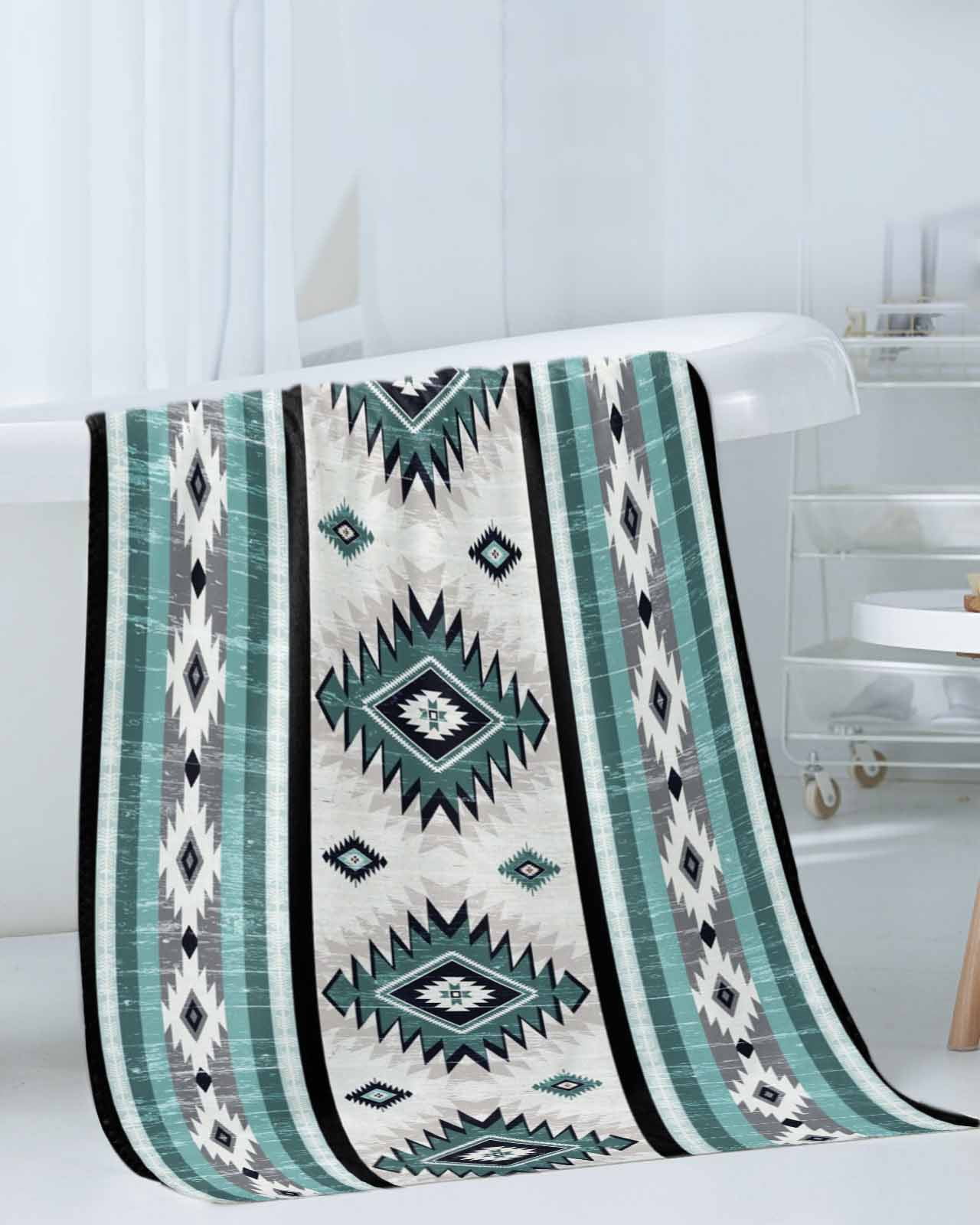 Turquoise Boho Bath Towels for Bathroom Set,Luxury Microfiber Towels Gifts for Women,Beach Kitchen Hand Hair Face Towel and Dish Washcloth,Southwestern Ethnic Aztec Retro Geometric Towels+Set