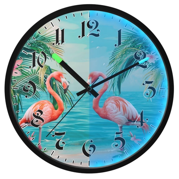 Ryvnso Flamingo Tropical Palm Tree Sea 12 Inch Night Light Wall Clock Luminous Silent Battery Operate Clocks