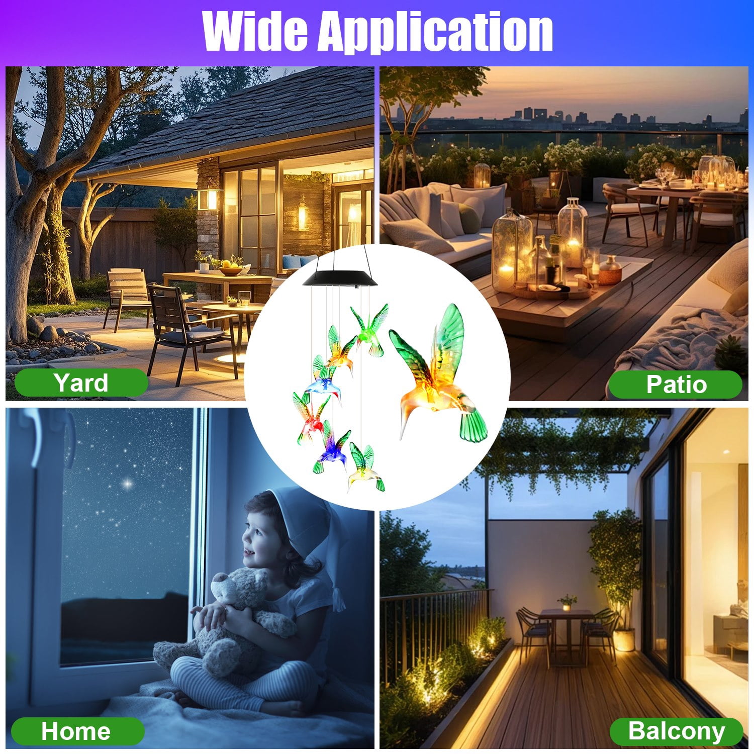 2PCS Hummingbird Solar Wind Chimes with Color Changing LED Lights, Waterproof Solar Powered Wind Chime for Outdoor Garden Patio Balcony Porch Home Decor, Ideal Gift for Mom Women Christmas