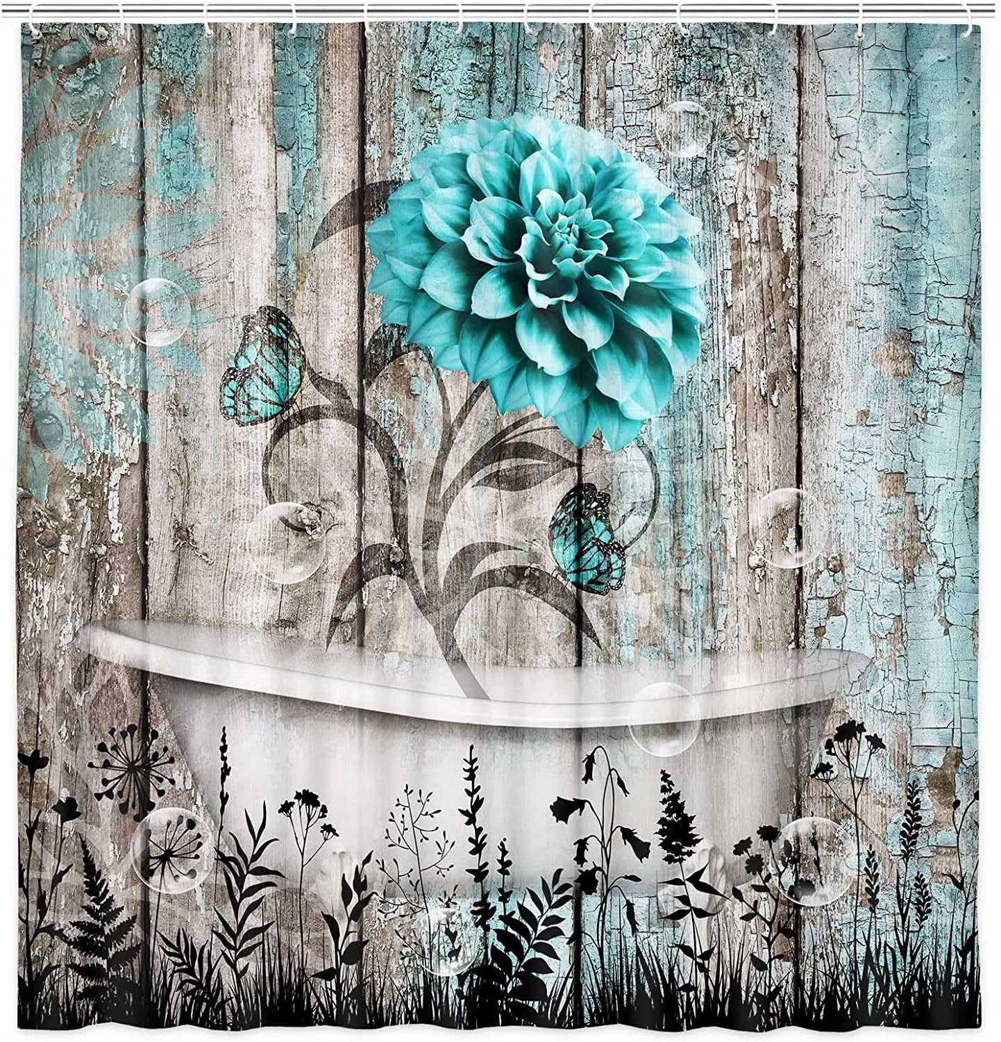 Rustic Teal Flower Shower Curtain for Bathroom, Farmhouse Dahlia Floral Butterfly on Country Old Wooden Plank Bathtubs Curtains, Retro Turquoise Blue Grey Restroom Decor Accessories with Hooks,60X70in