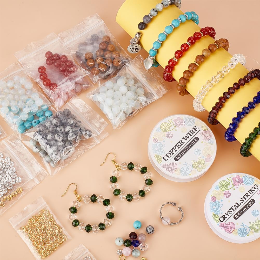 1Box DIY Bracelet Ring Making Kit Including Natural & Synthetic Mixed Gemstone Round & Glass Bicone & Alloy Flower & Rhinestone Space Beads Copper Craft Wire Elastic Thread 8mm Hole: 0.8~1.2mm