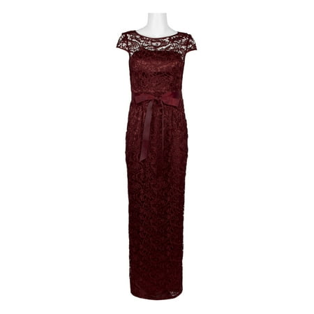 Adrianna Papell Boat Neck Cap Sleeve Tie Front Zipper Back Lace Dress-DEEP WINE / 8