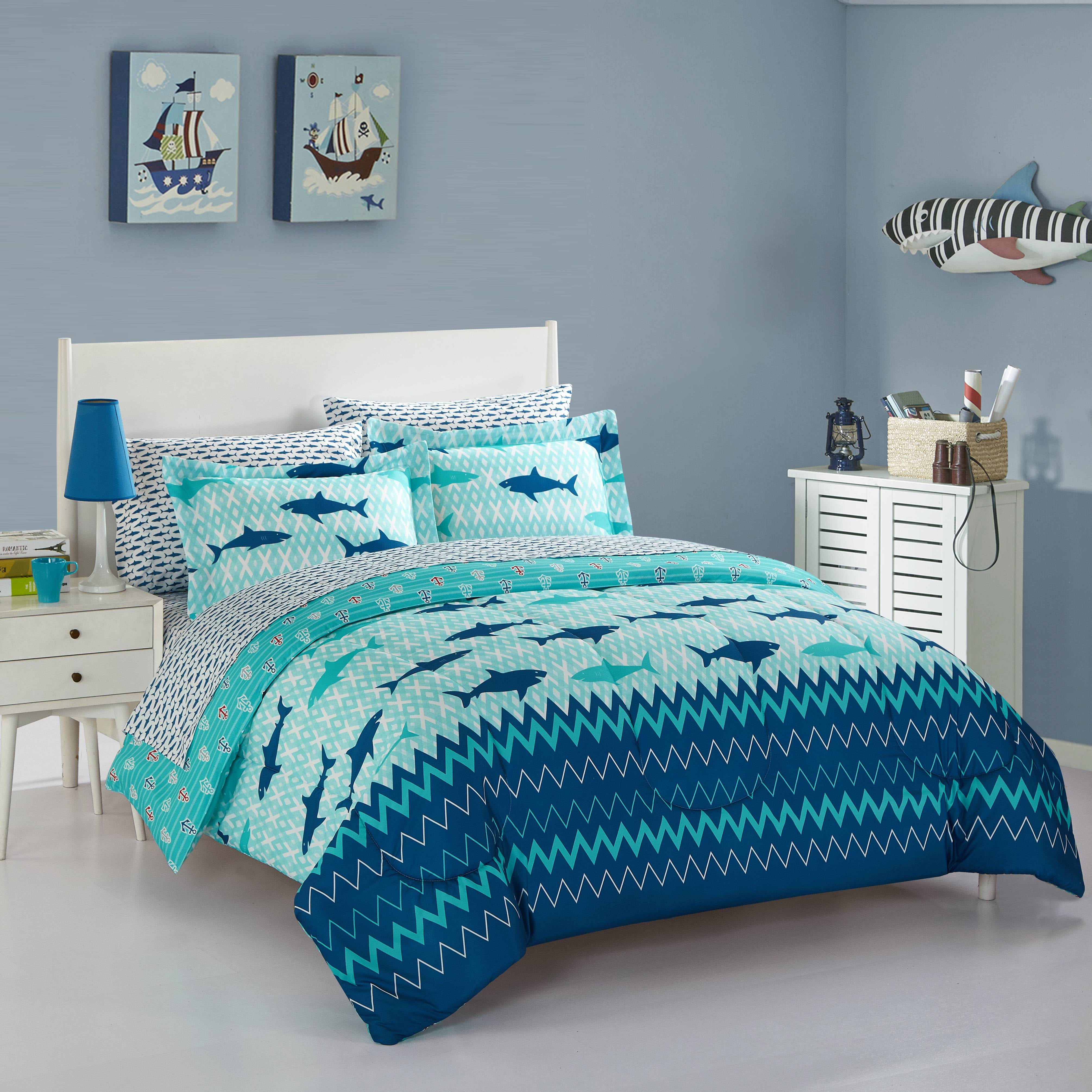Nautica Kids Different Shades of Blue Sharks in The Deep Sea Polyester 3-PC Twin Sheet Set 