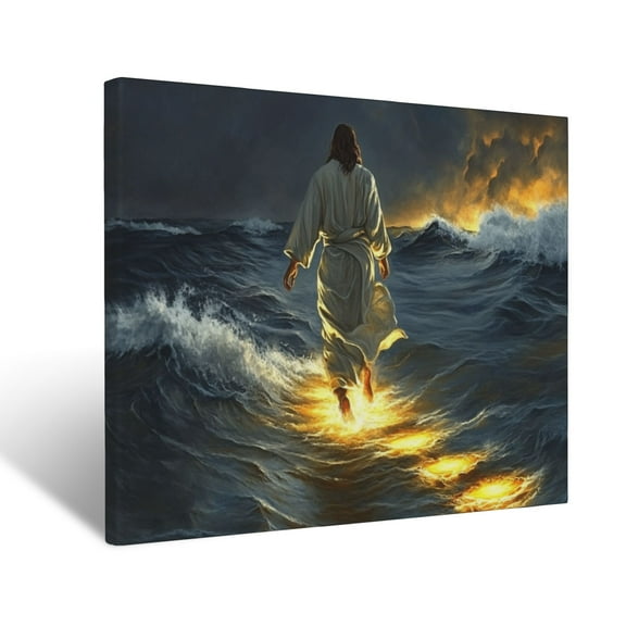CozyNet Jesus Walking On Water, His Glowing Footprints Calming The Stormy Waves Around Him Wall Art Prints With Frame Canvas Perfect for Living Room & Bedroom, Ready to Hang, Wall Decor 12"x16"
