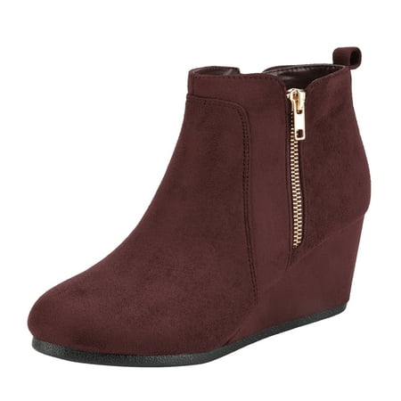 

Dream Pairs Women s Winter Warm Booties Low Wedge Ankle Boots Round Toe Suede Zip Boots Double Burgundy/Suede Size 8