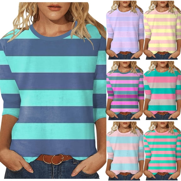 T Shirts for Women Spring 2026 Crew Neck Casual Basic Tops Fashion Summer 3/4 Sleeve Striped Tee
