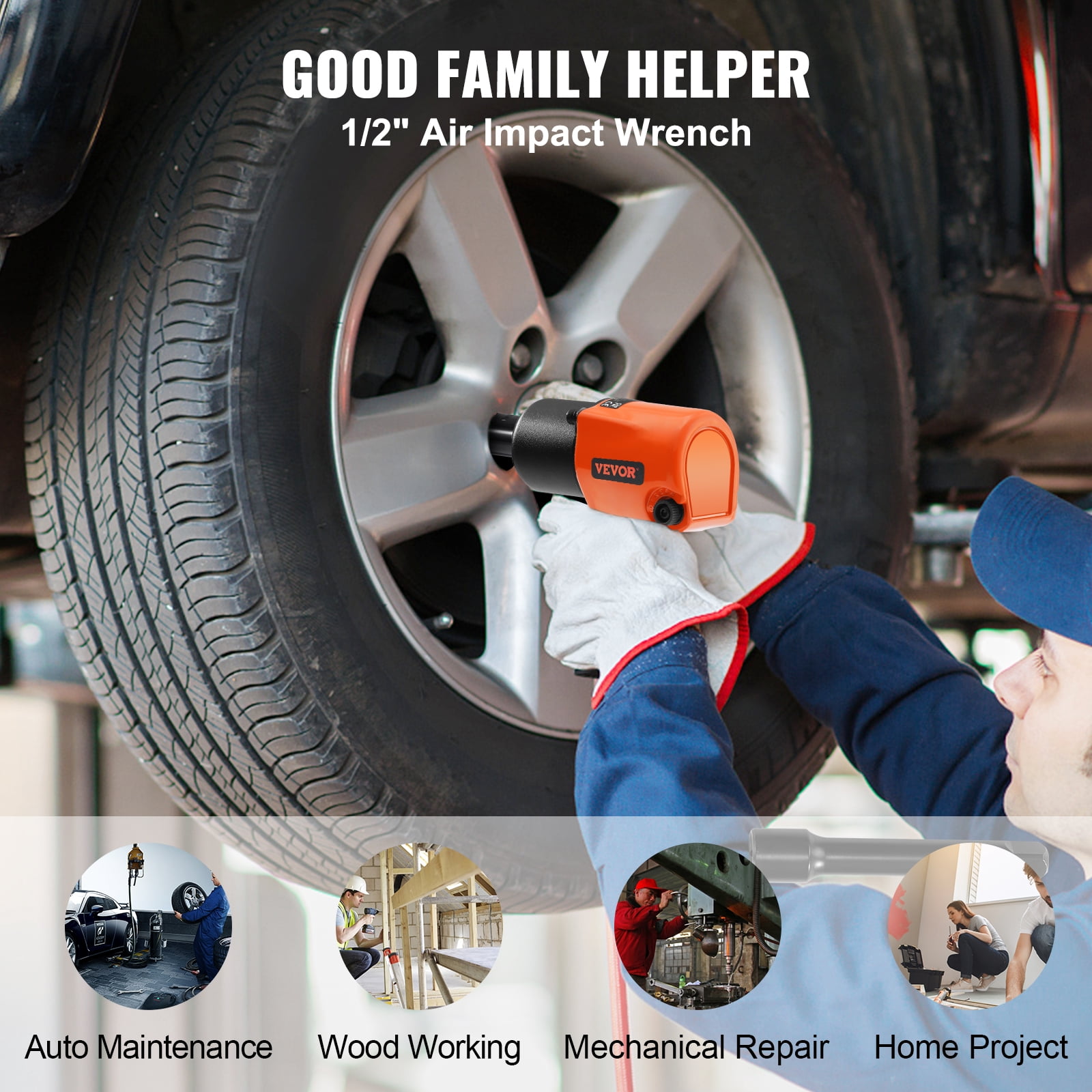 VEVOR Air Impact Wrench, 1/2" Drive Air Impact Gun Up to 880ft-lbs Nut-busting Torque, 7500RPM Lightweight Pneumatic Tool for Auto&nbsp;Repairs&nbsp;and&nbsp;Maintenance