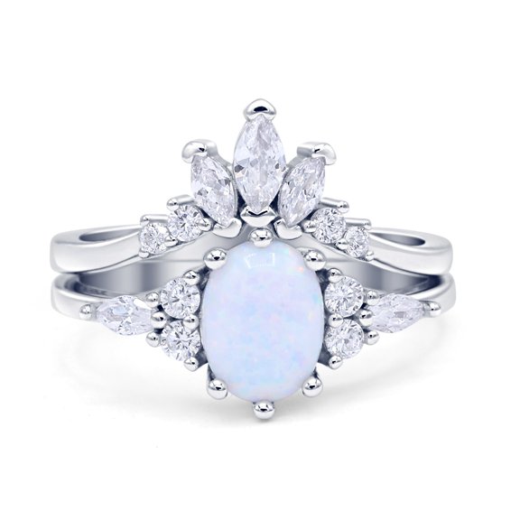 Two Piece Oval Vintage Style Women Engagement Ring Lab Created White Opal 925 Sterling Silver