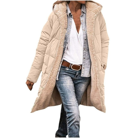 nerohusy Womens Long Puffer Coats Reversible Fleece Jacket Oversized Long Sleeve Hooded Coat Winter Zip Parka Quilted Down Coat Beige,L